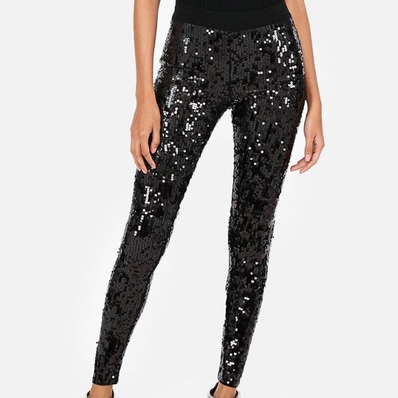 NWT $80 EXPRESS BLACK SEQUIN STRETCHY LEGGINGS PARTY HOLIDAY PANTS SMALL 🌟🌟🌟 - Picture 6 of 7